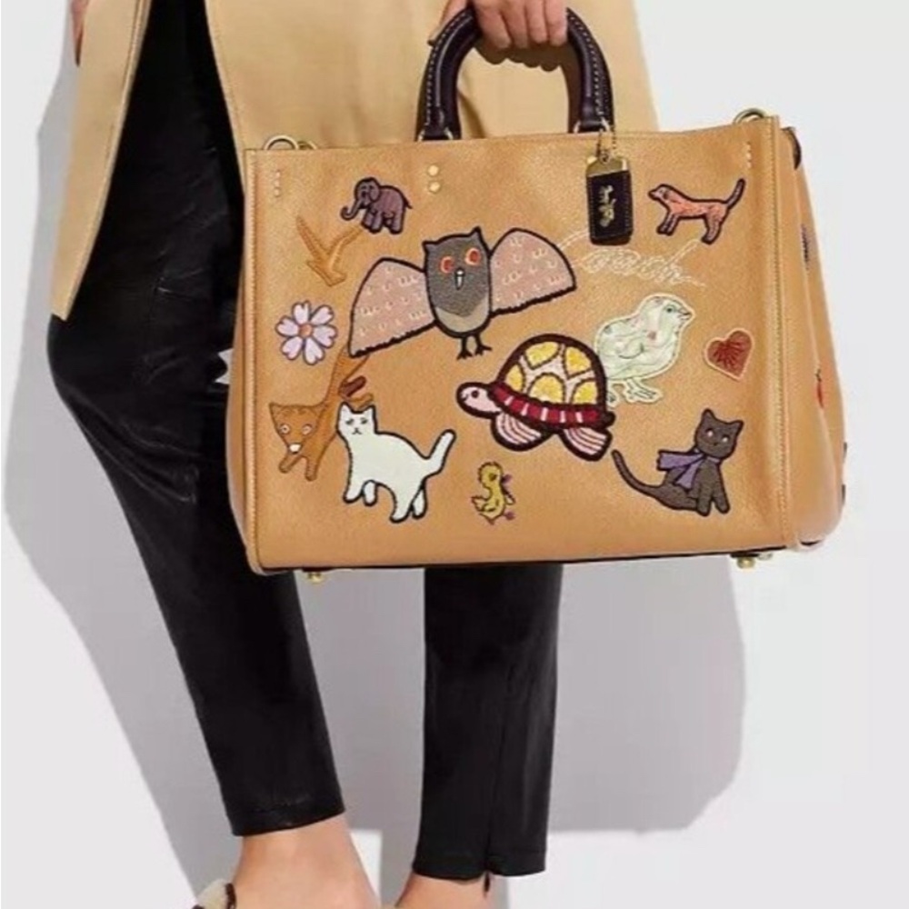 Coach Rouge 39 Tan Tote with Animal Creature Patches: Owl Turtle Cat Mushroom - Picture 6 of 14
